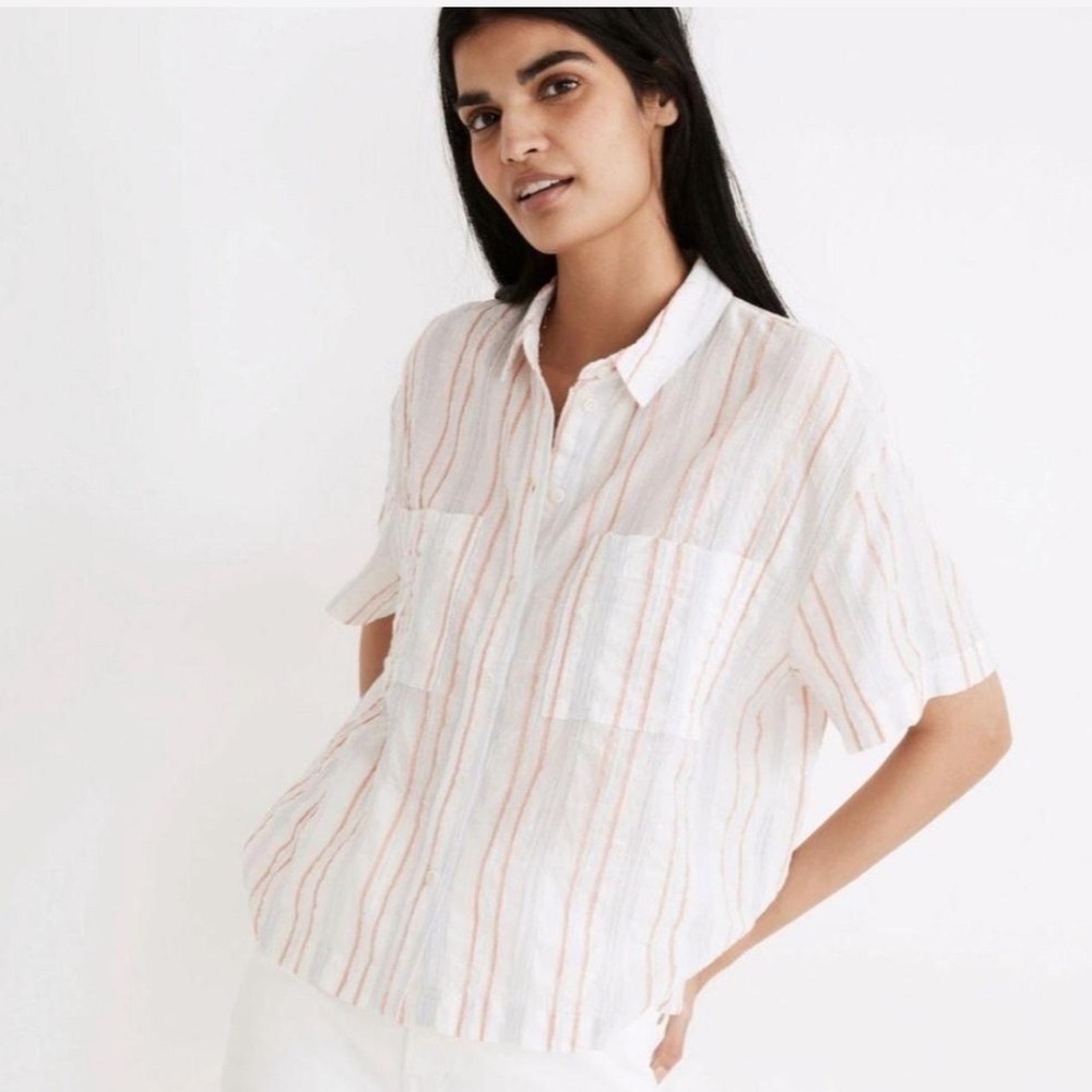 Madewell Striped Pastel Short Sleeve Button Down Cotton Shirt Size XS Red Blue - Picture 1 of 9